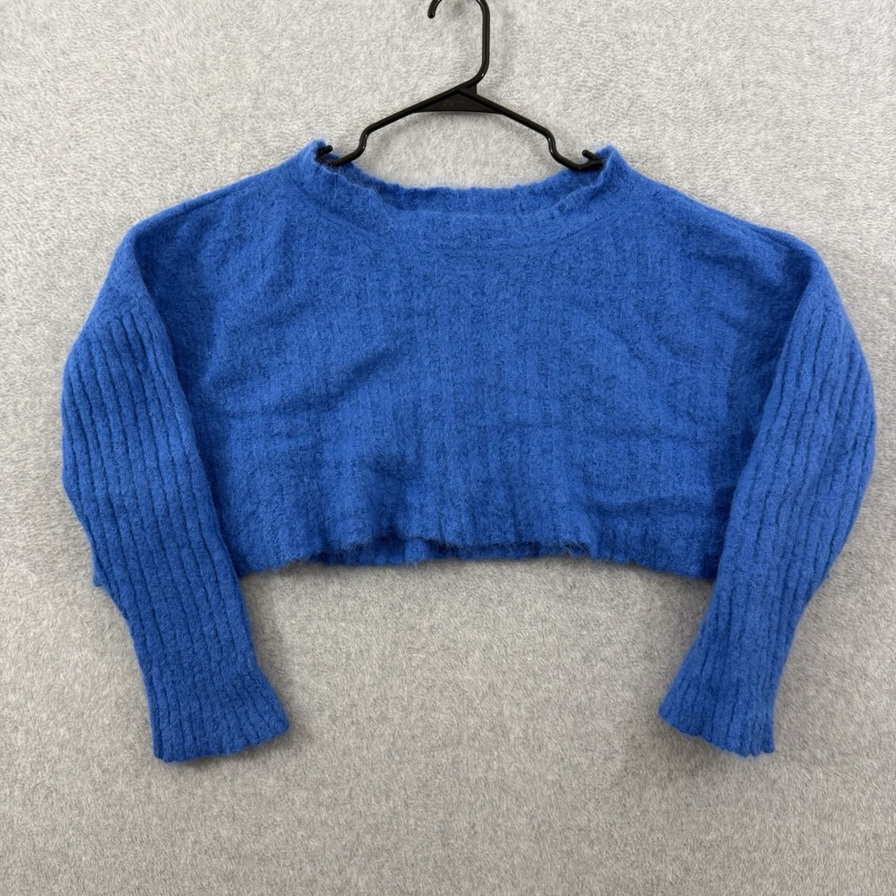 Free People Sweater Womens Small Blue Alpaca Blend Cropped Fuzzy Knit Textured